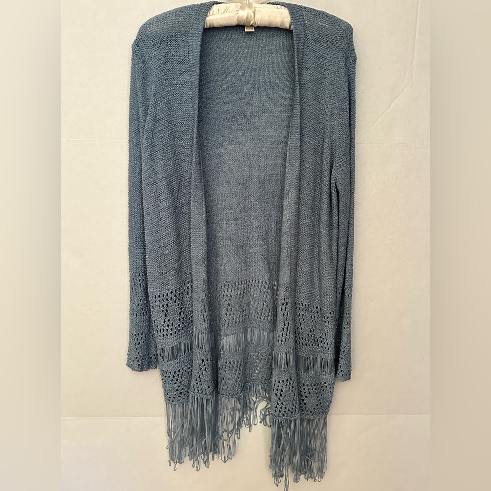 Michael Kors Blue Open-Front Cardigan with Fringe